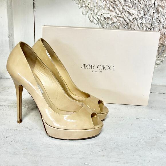 Jimmy Choo Crown Patent Leather Peep Toe Platform Pump Nude Womens Size 38.5 / 8 - Picture 2 of 11